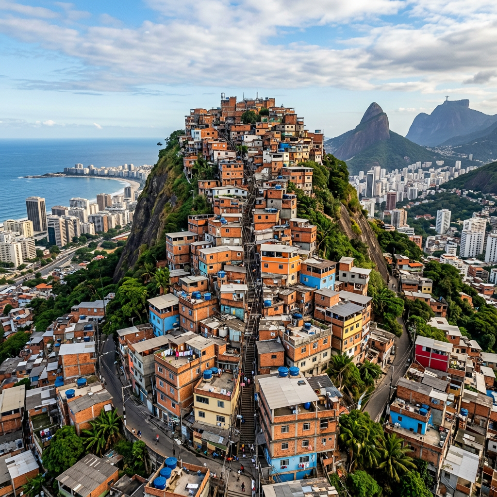 Colorful houses densely built on a hillside favela in Rio, with ocean and city skyline in the background